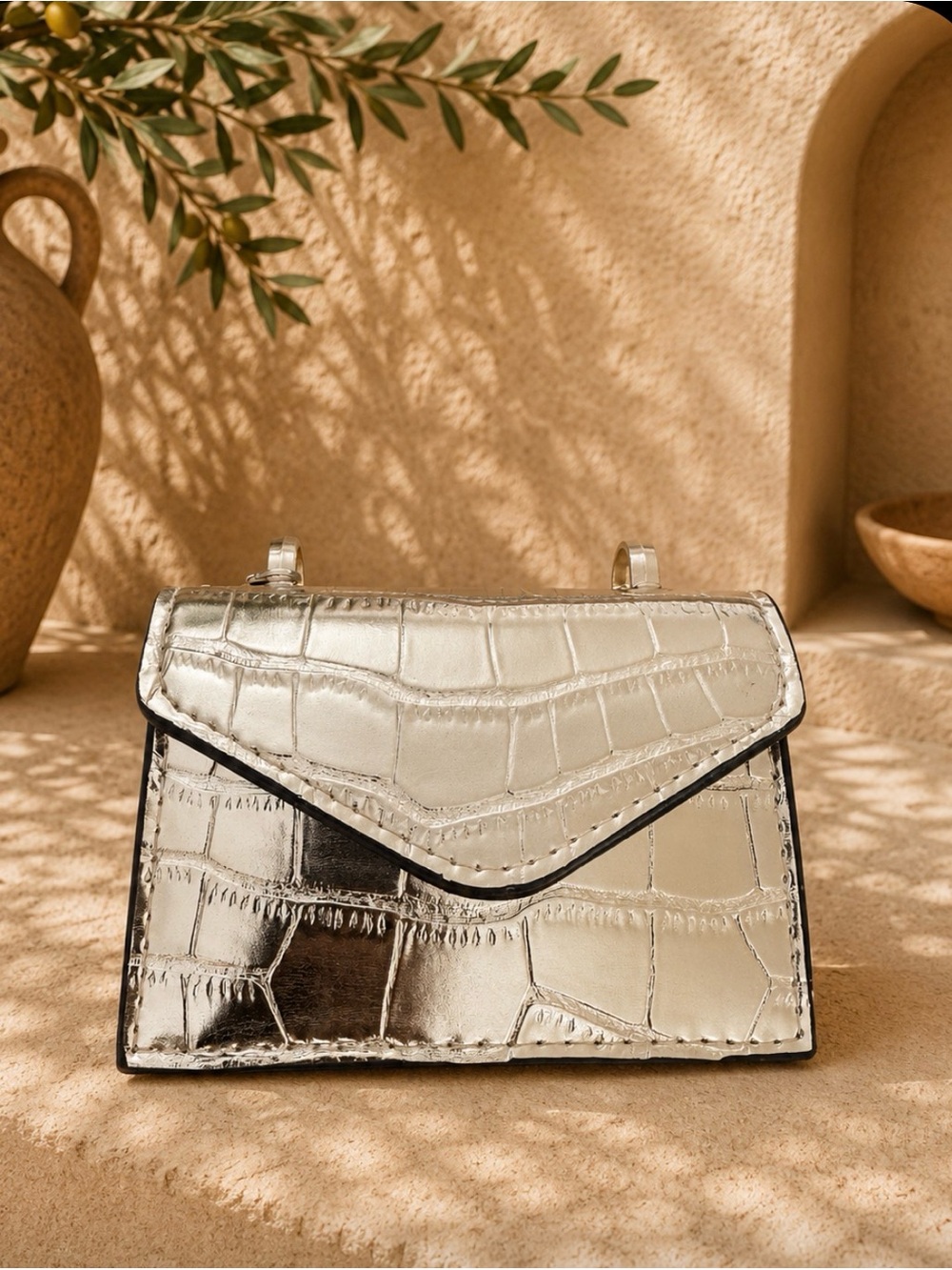 Women's Metallic Gold Croc Embossed Mini Crossbody Bag Envelope Clutch Chic Purs
